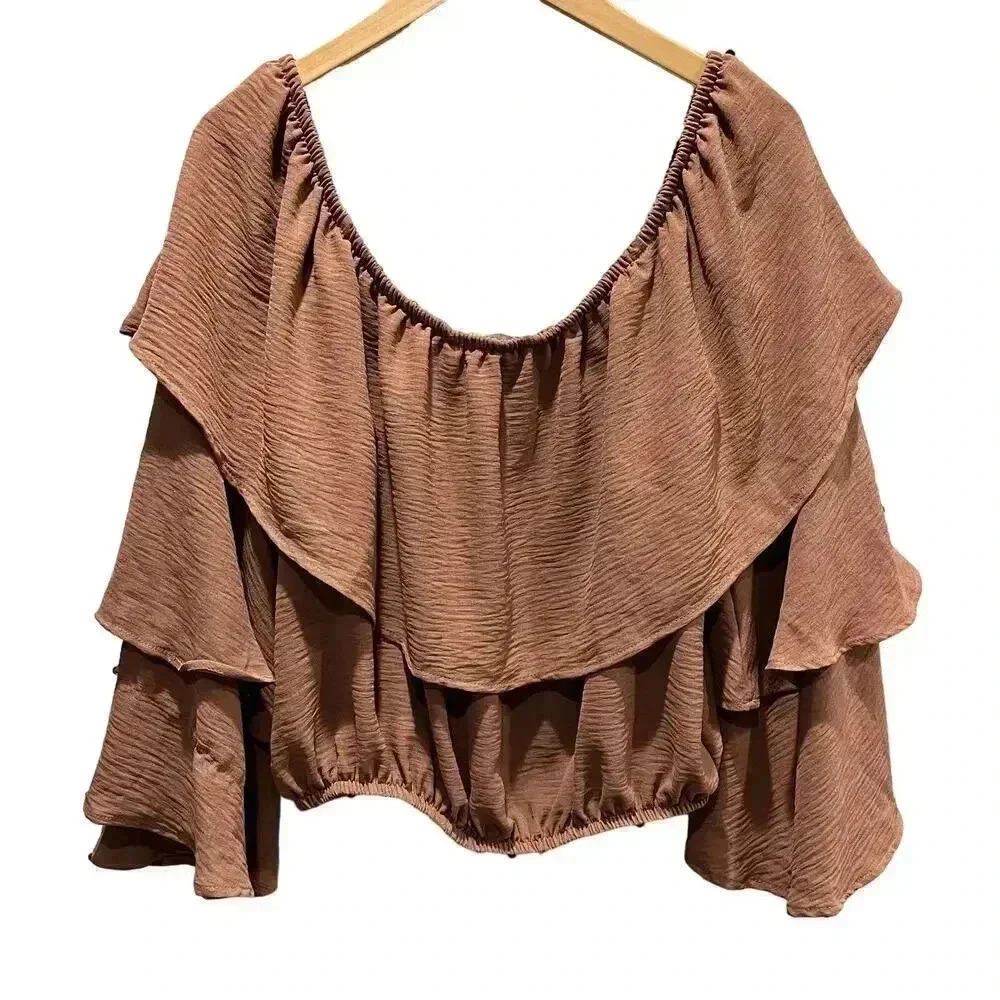 Saints & Hearts Brown Off Shoulder Layered Bell Sleeve Crop Top Medium - Picture 2 of 6